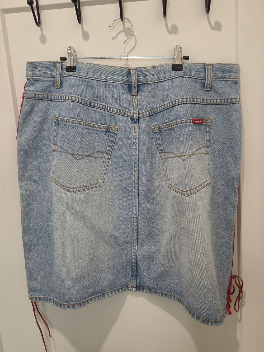 Zana Di Light Wash Denim Mini Skirt with Red Side Lace-Up